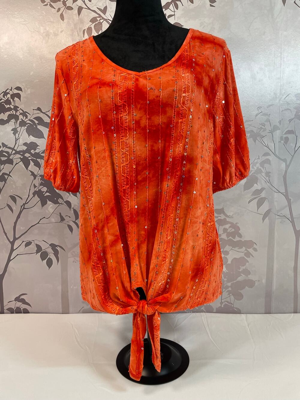 Sami & Jo Womens M Orange Tie Dye Sequin Tie Front Top Blouse Boho Festival